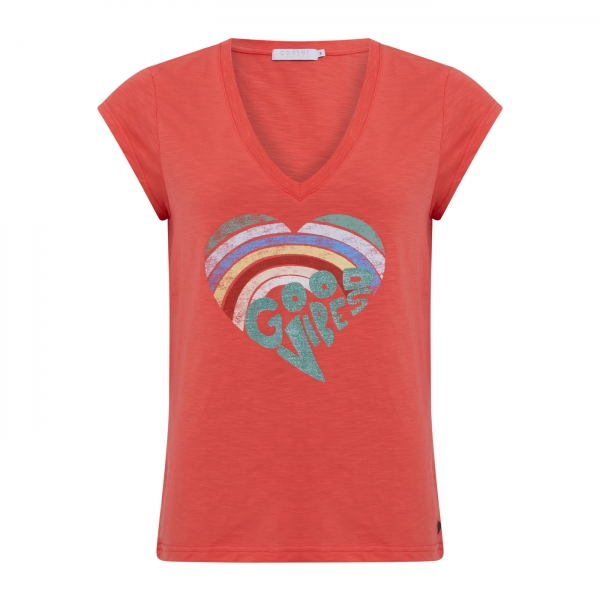 CC Heart, T-Shirt with good vibes print, dark coral
